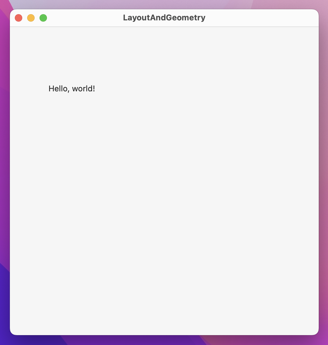 A square window containing 'Hello, world!' in the middle of the top left quadrant.