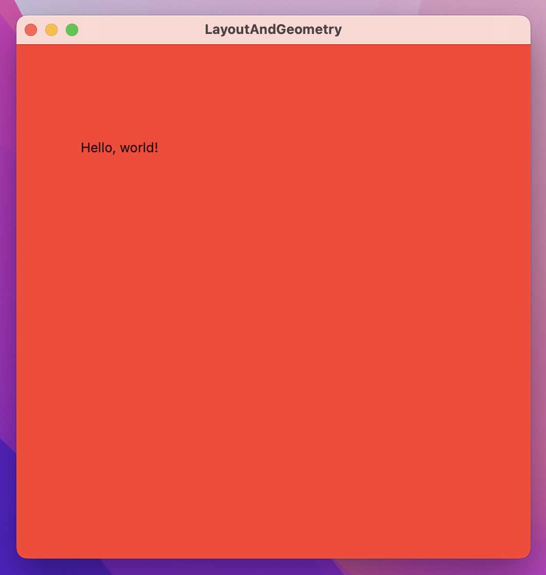 A square window with red background containing 'Hello, world!' in the middle of the top left quadrant.