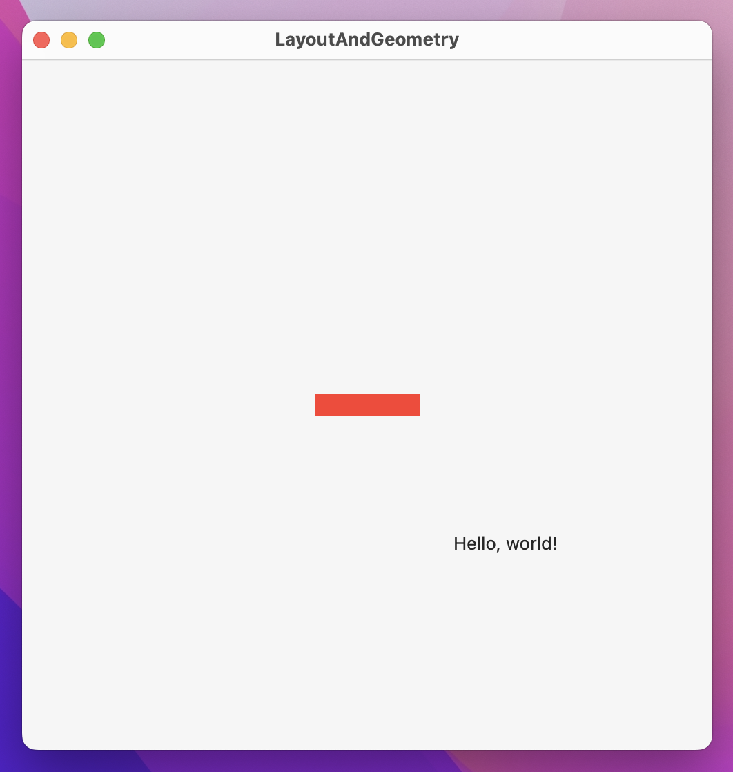 A square window with a red rectangle in the center. 'Hello, world!' sits in the middle of the window's bottom right quadrant.