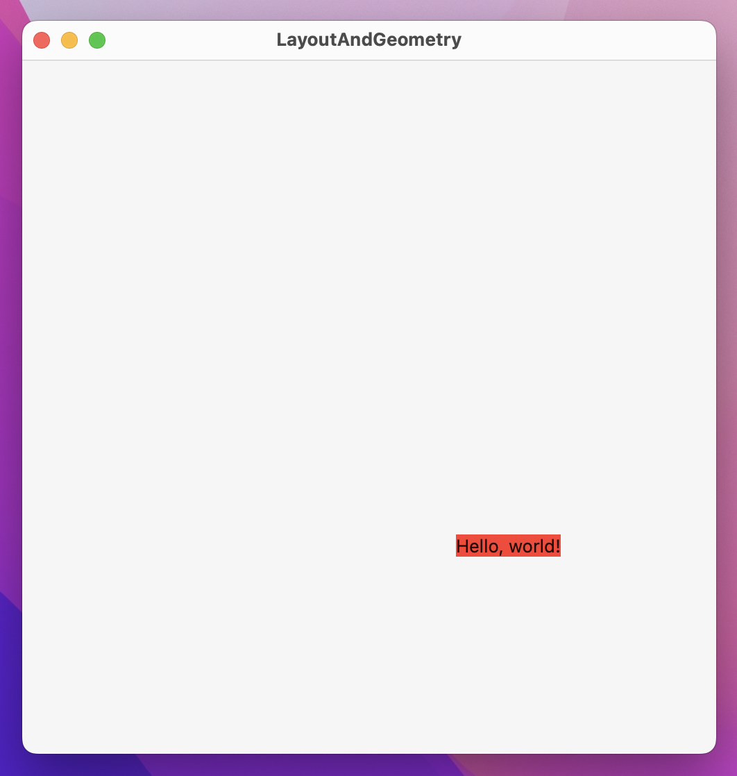 A square window with 'Hello, world!' on a red rectangle in the middle of the window's bottom right quadrant.