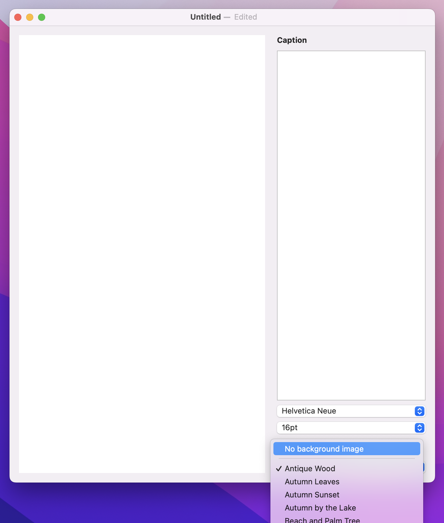 The 'Background image' picker is being modified. A 'No background image' option is followed by a horizontal divider, then more options.