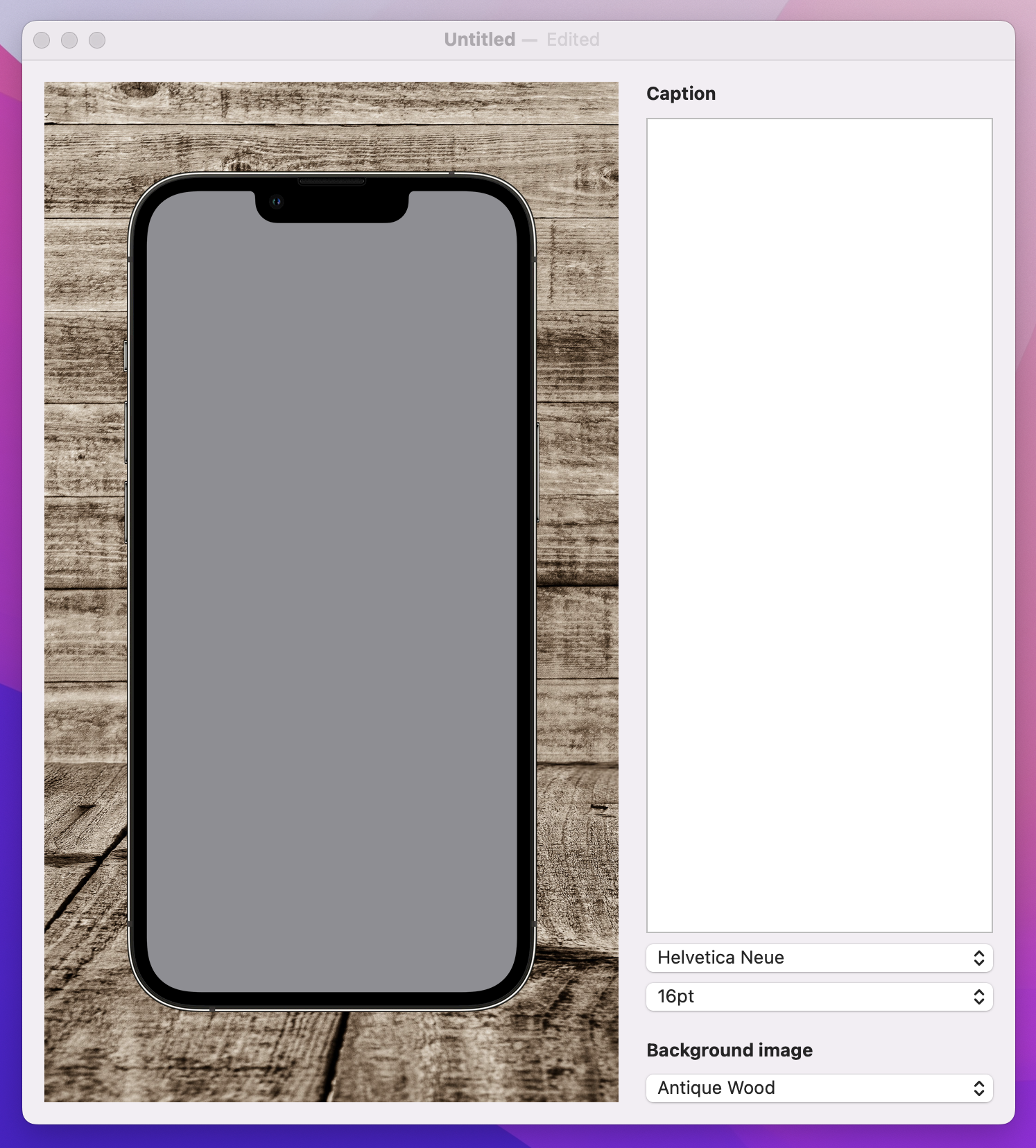 A 2 panel window. The left window has a gray-filled iPhone cutout over a wood-texture background.