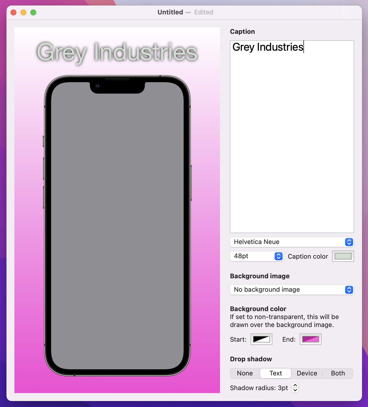 On the canvas is a caption reading 'Grey Industries' with a drop shadow behind it.