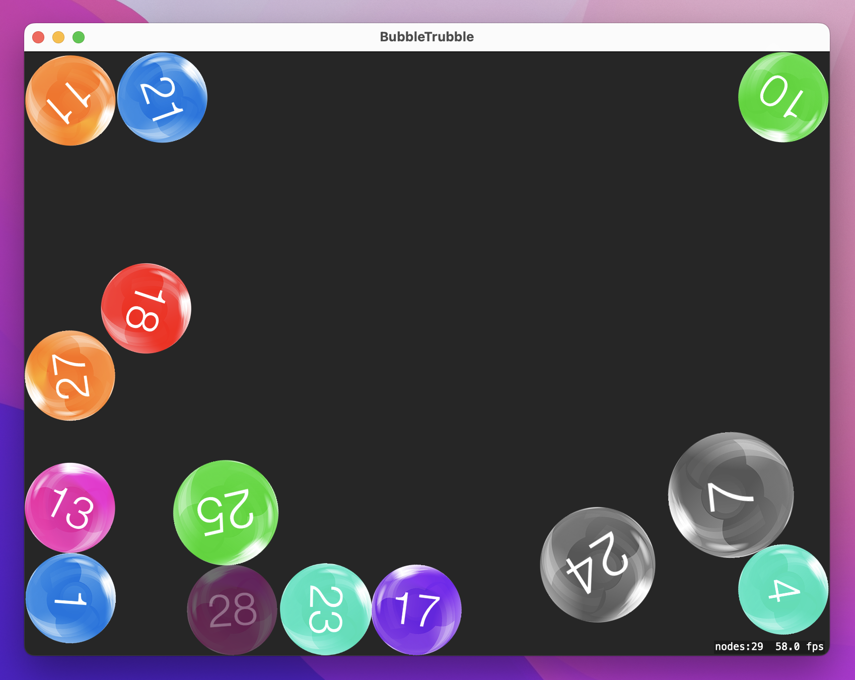 A window with dark gray background and colorful bubbles at different sizes and angles, labelled with different numbers. The pink bubble labelled '28' is translucent.