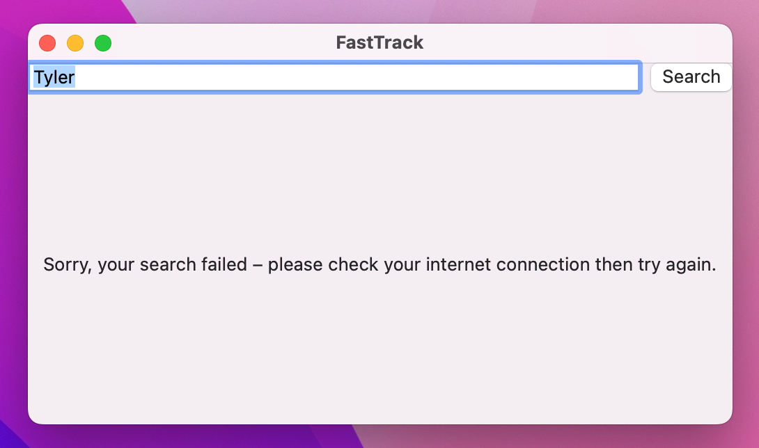 An error message is shown when the search fails.