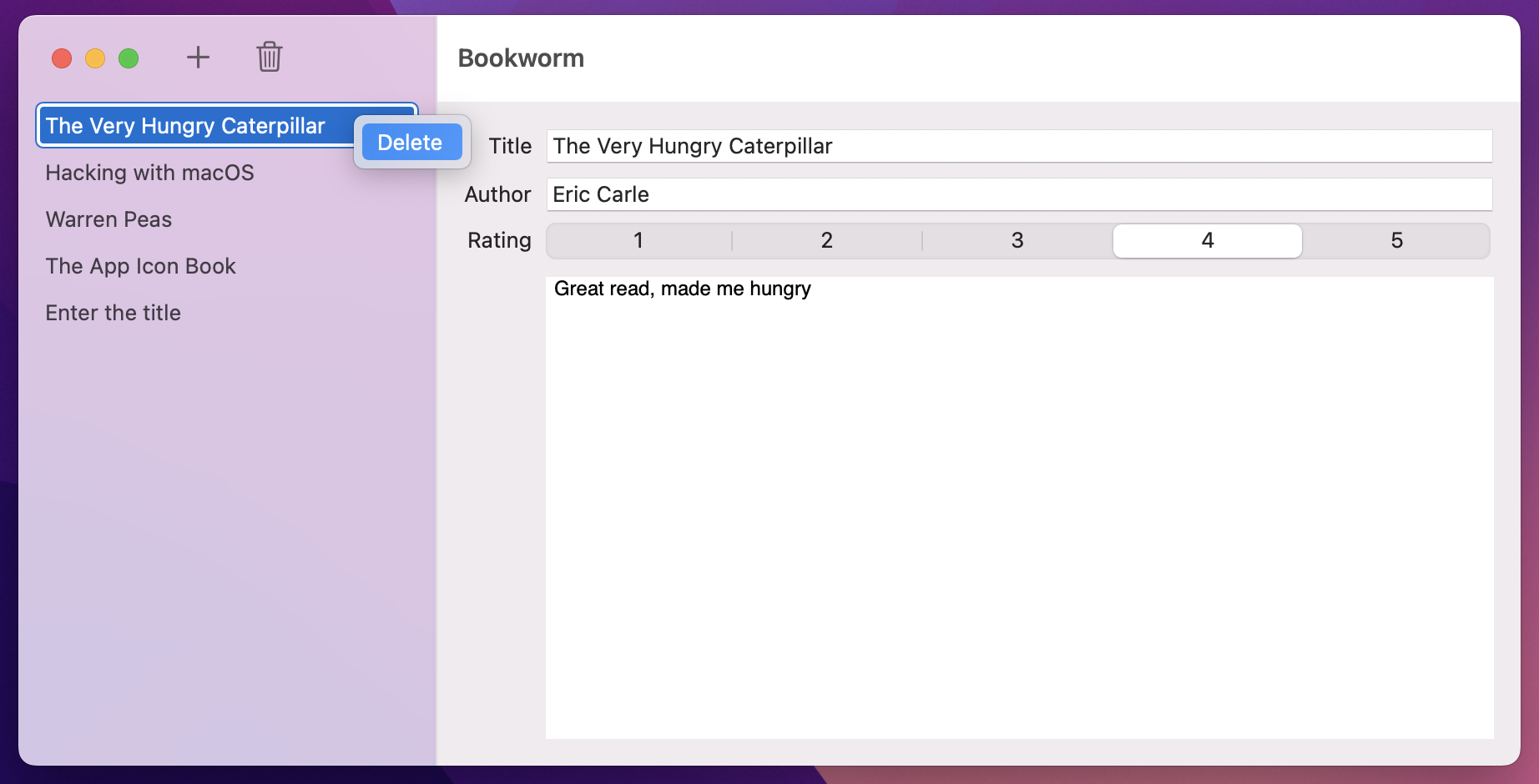 A context menu on a list item with a 'Delete' option. The toolbar now has a Trash icon too.