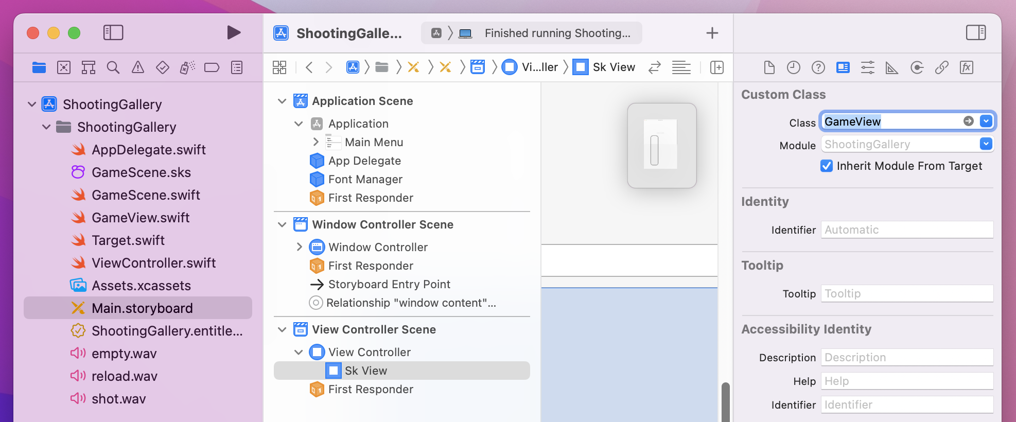 Changing Sk View's class to 'GameView'.