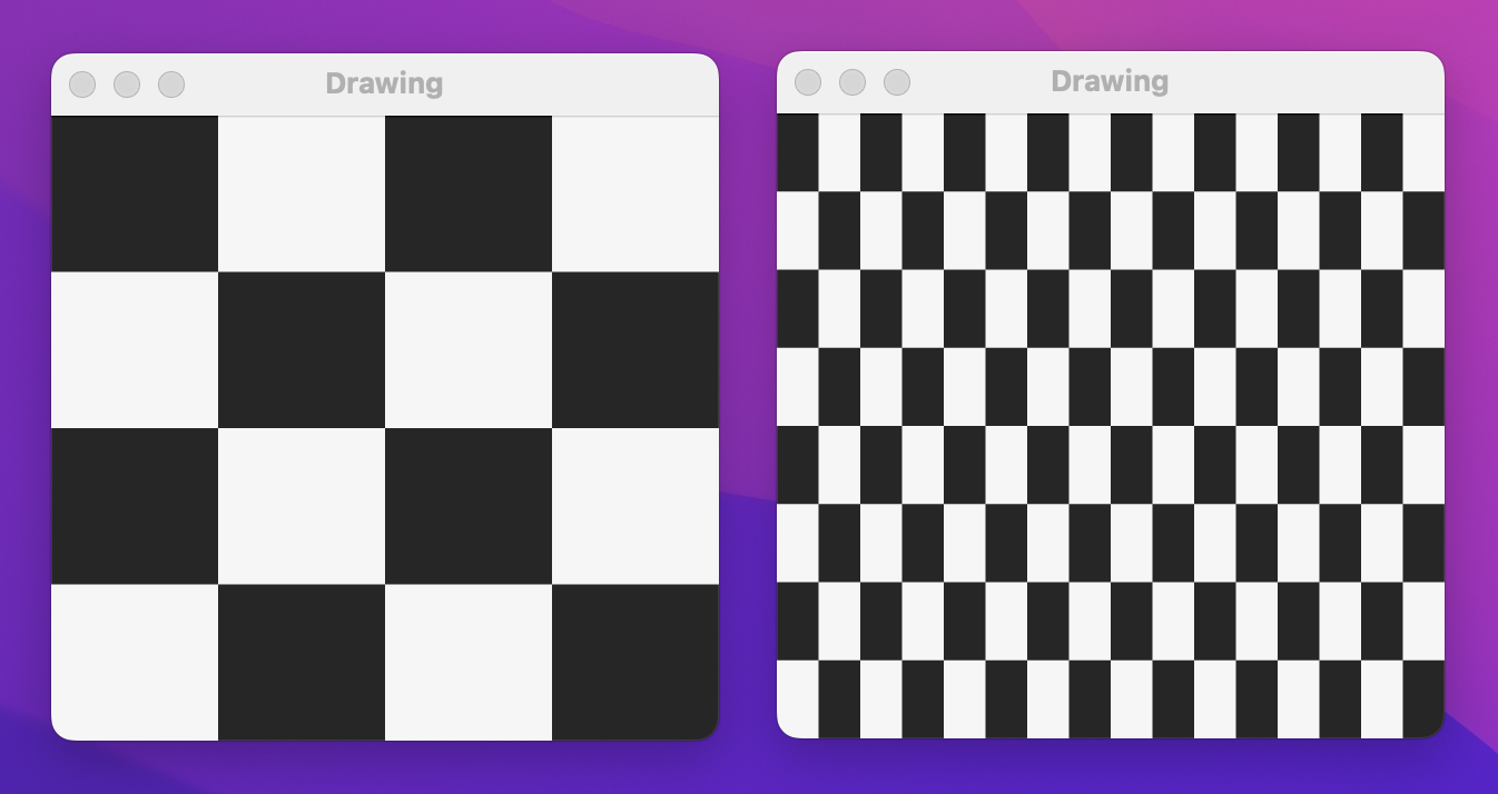 Two windows with a 4x4 checkerboard pattern and an 8x16 pattern respectively.