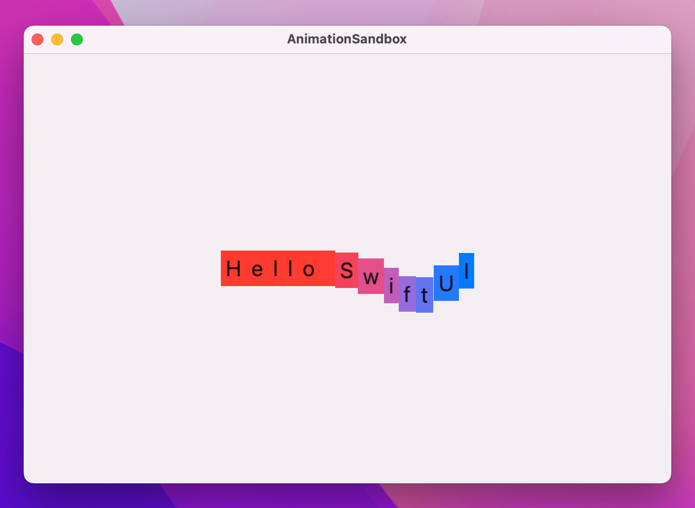 The text Hello SwiftUI in a wavy shape, with a background fading red to blue from left to right.