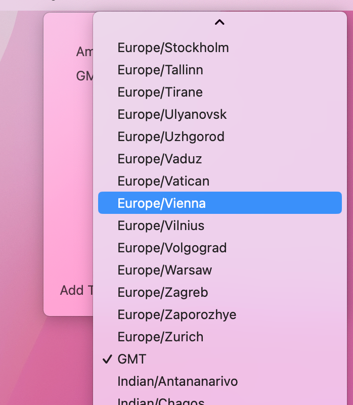 A picker of time zones is opened over our application’s window.