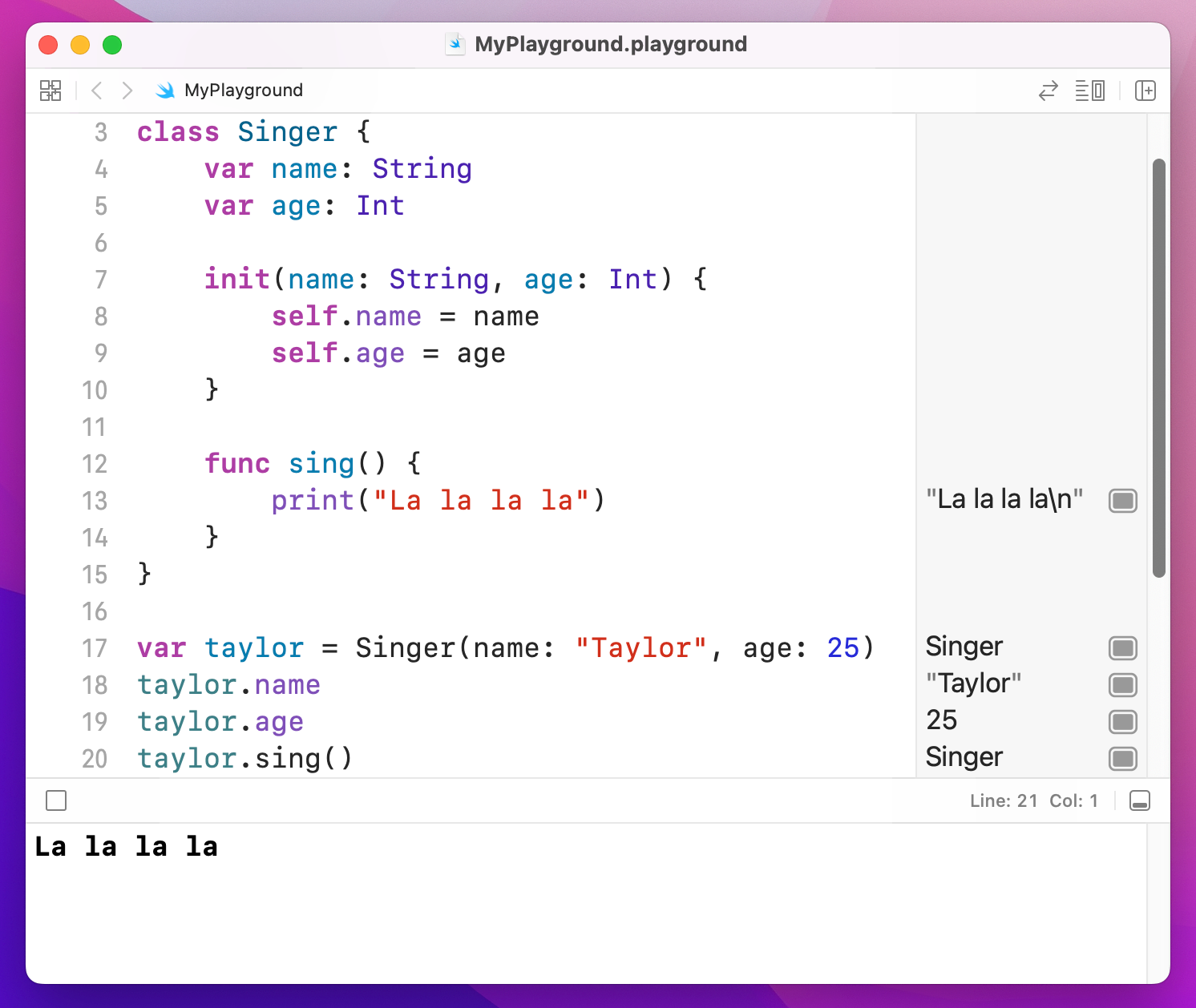 Calling the `sing` method on an instance of the `Singer` class.