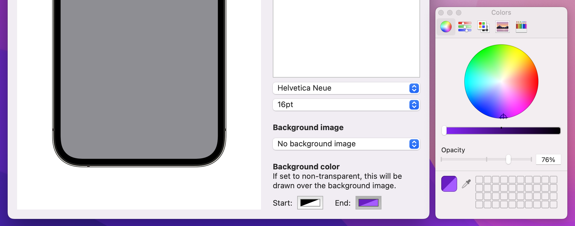 Under the 'Background color' setting are 2 widgets which pop out a color selection window when clicked.
