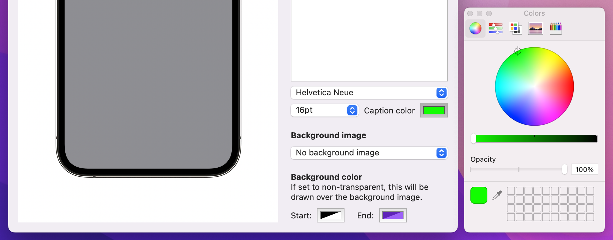 Beside our font size picker is now a color widget which pops out a color selection window when clicked.