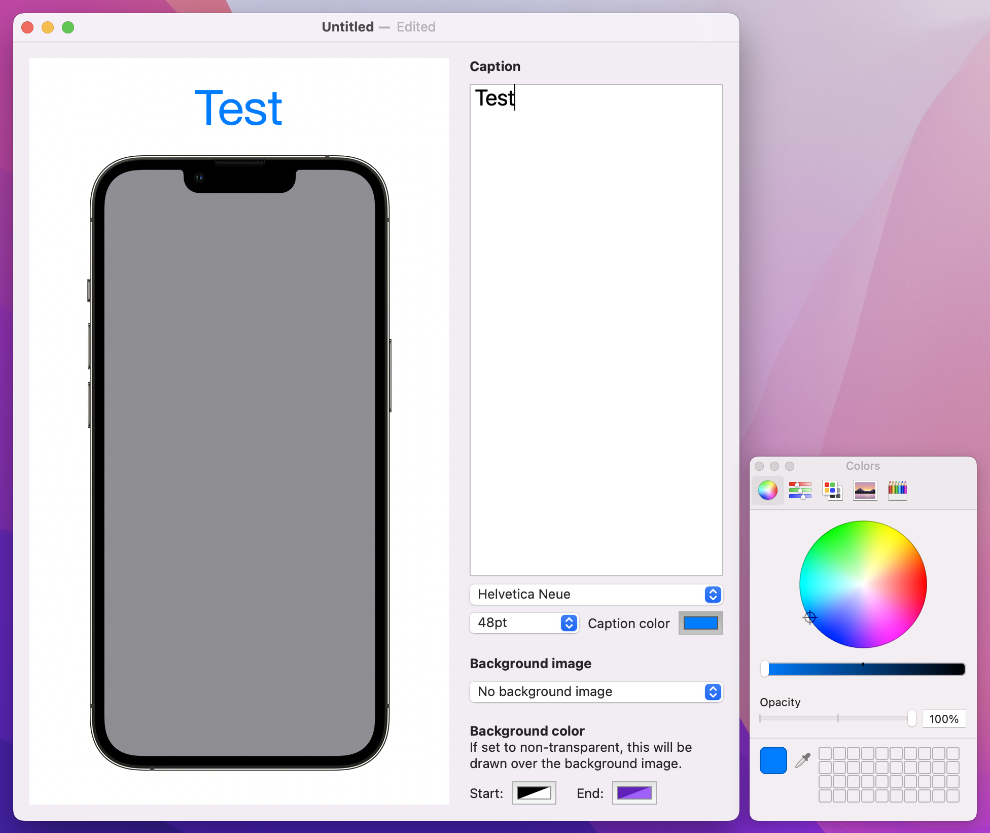 The 'Hello World' text on the canvas is in a blue matching the font-color-picker's blue.