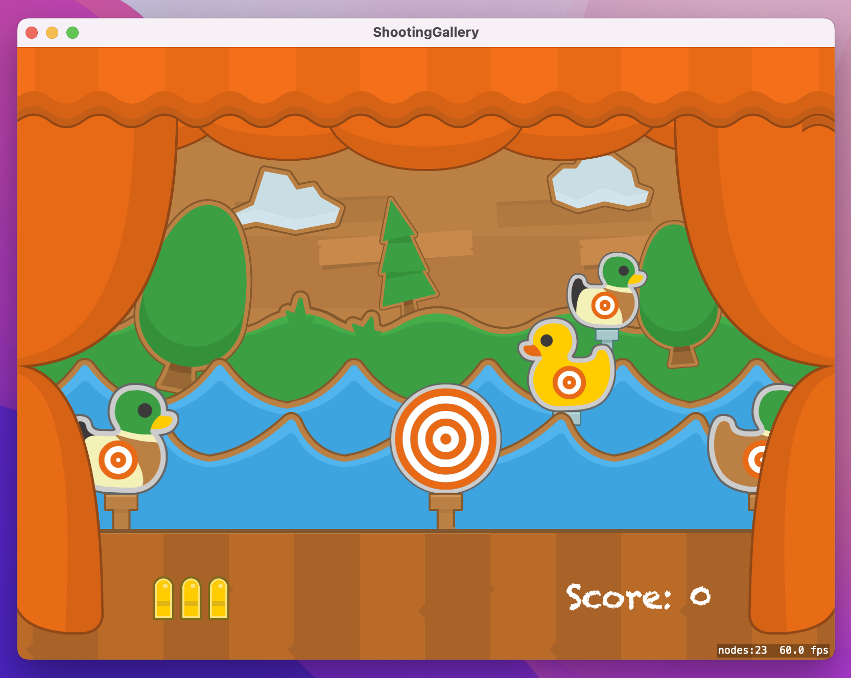 A cartoon stage with targets at 3 different depths.