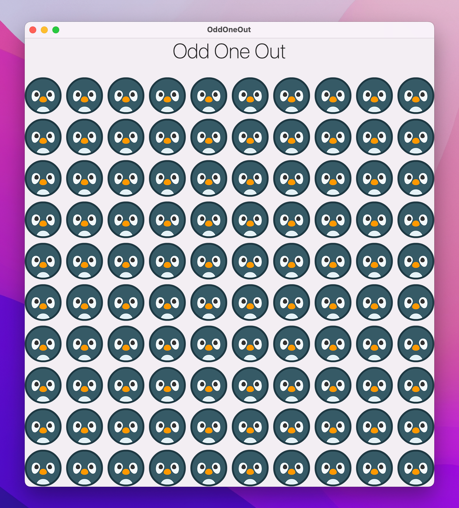 'Odd One Out' above a 10x10 grid of penguins.