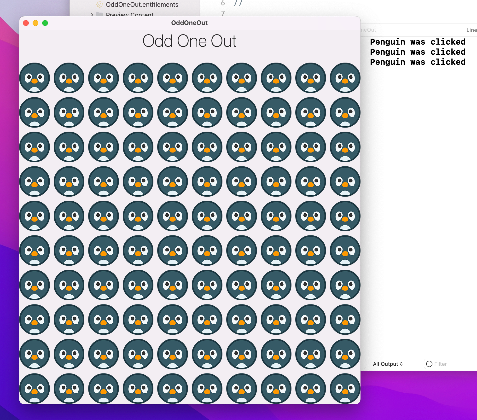 'Odd One Out' above a 10x10 grid of penguins. 'Penguin was clicked' is printed to the Xcode console.