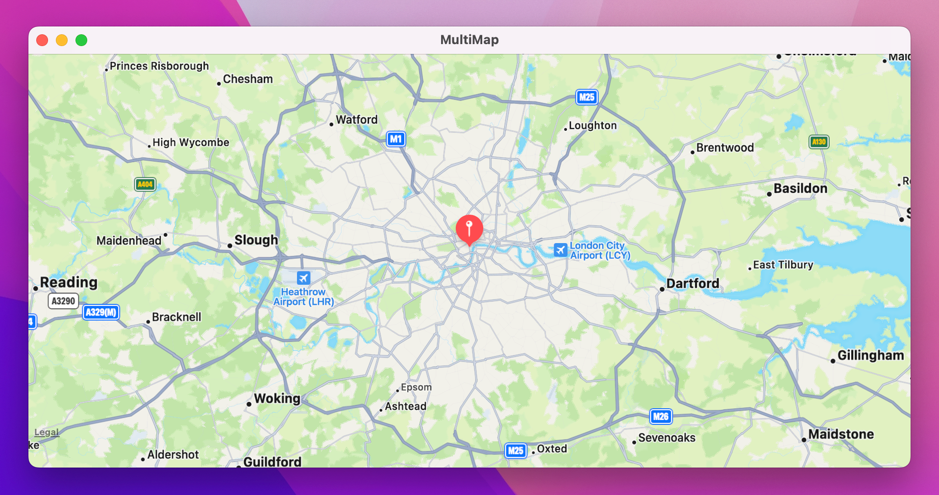 A map with a red marker indicating London.