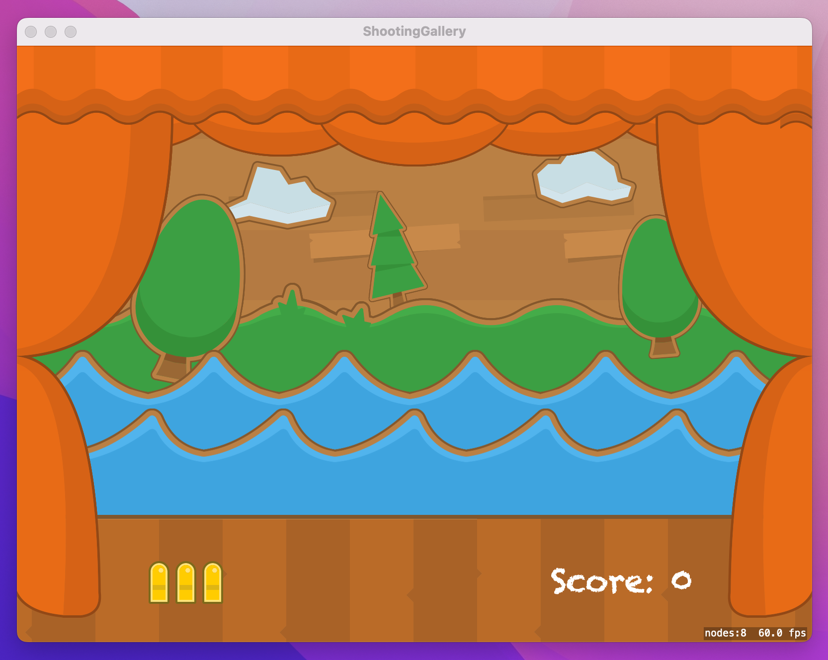 A window with cartoon-y trees, clouds, and waves, framed by curtains, on a wooden background. Below the waves are 3 bullets and 'Score: 0'.