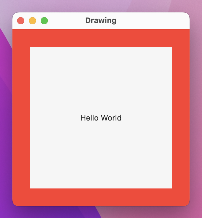 A window with a thick red inner border and the text 'Hello World'.
