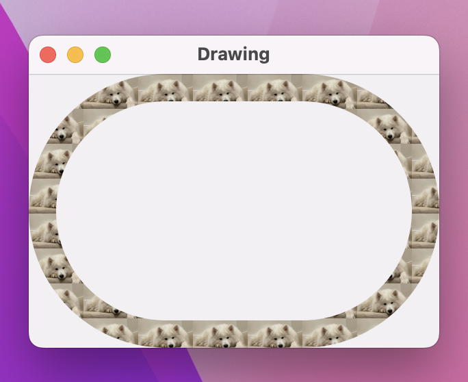 'Hello World' in a thick capsule outline made of tiling dog photos.