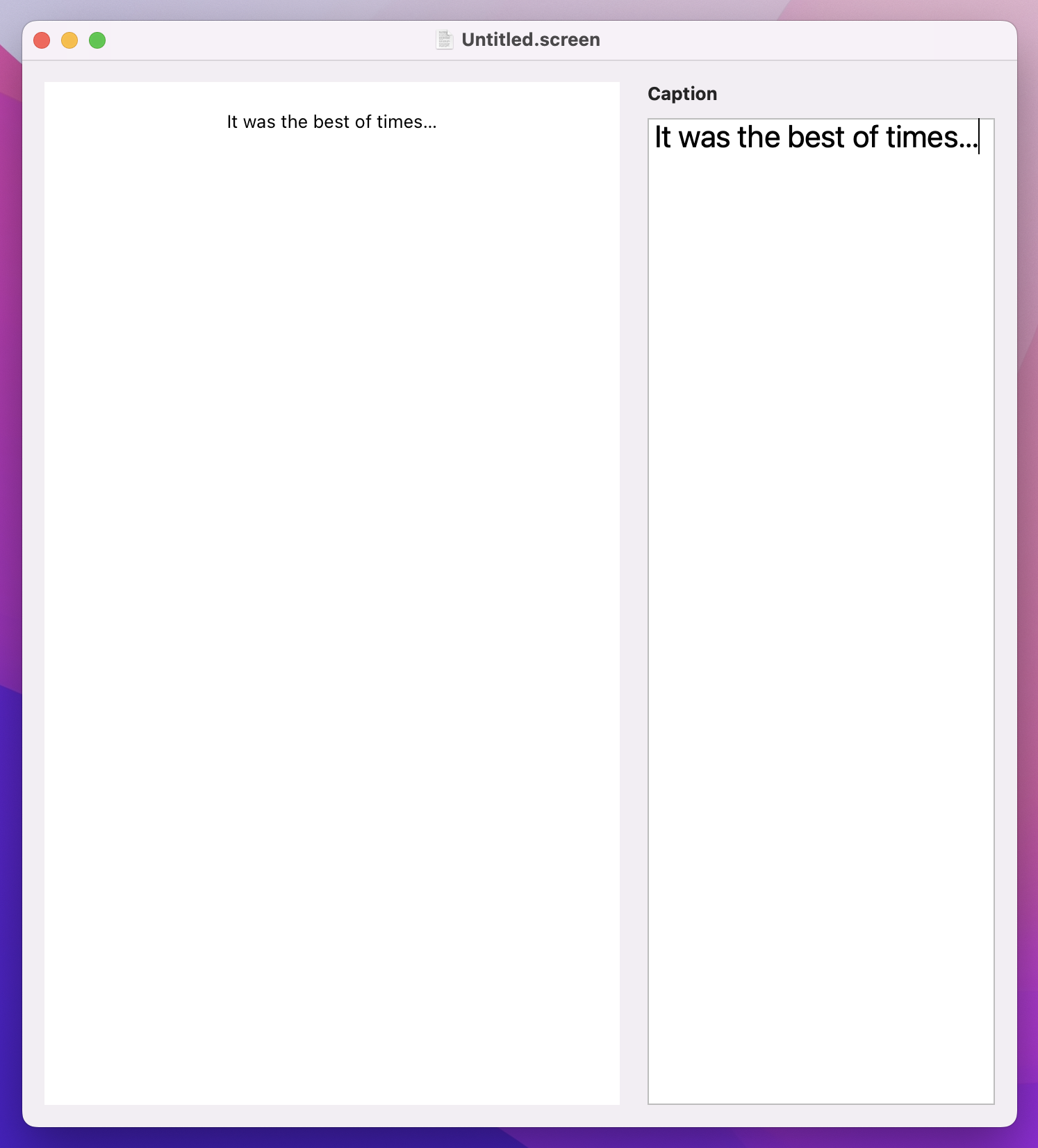 A window with 2 panels, both containing some text. The right panel is labelled 'Caption' and has a slight outline. The left panel's text is center aligned.