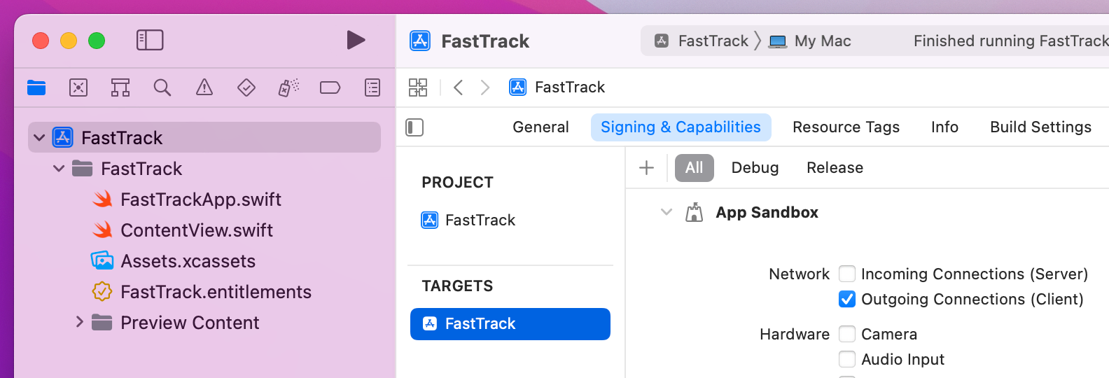 Please check FastTrack > Targets > FastTrack > Signing... > App Sandbox > Outgoing Connections.