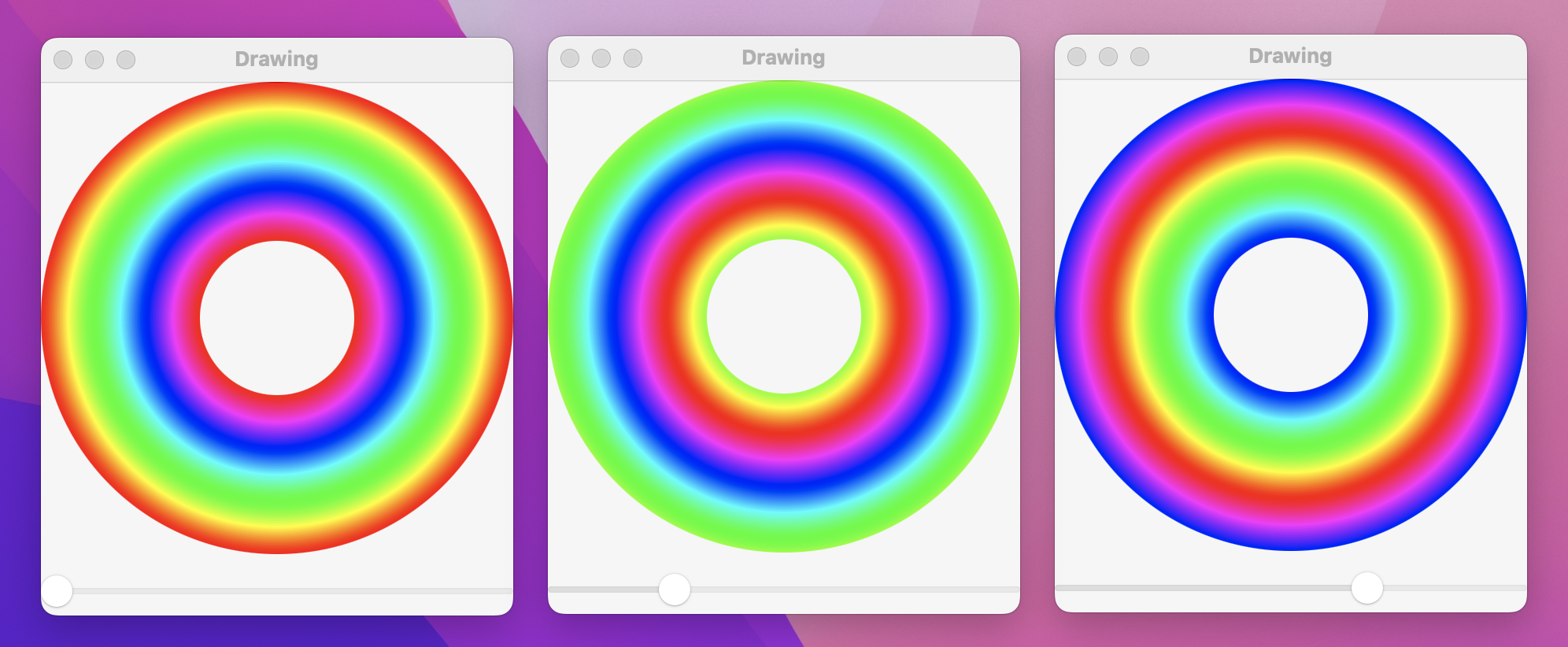 3 windows with colorful circles above sliders set to different settings. The circles have a radial rainbow gradient.