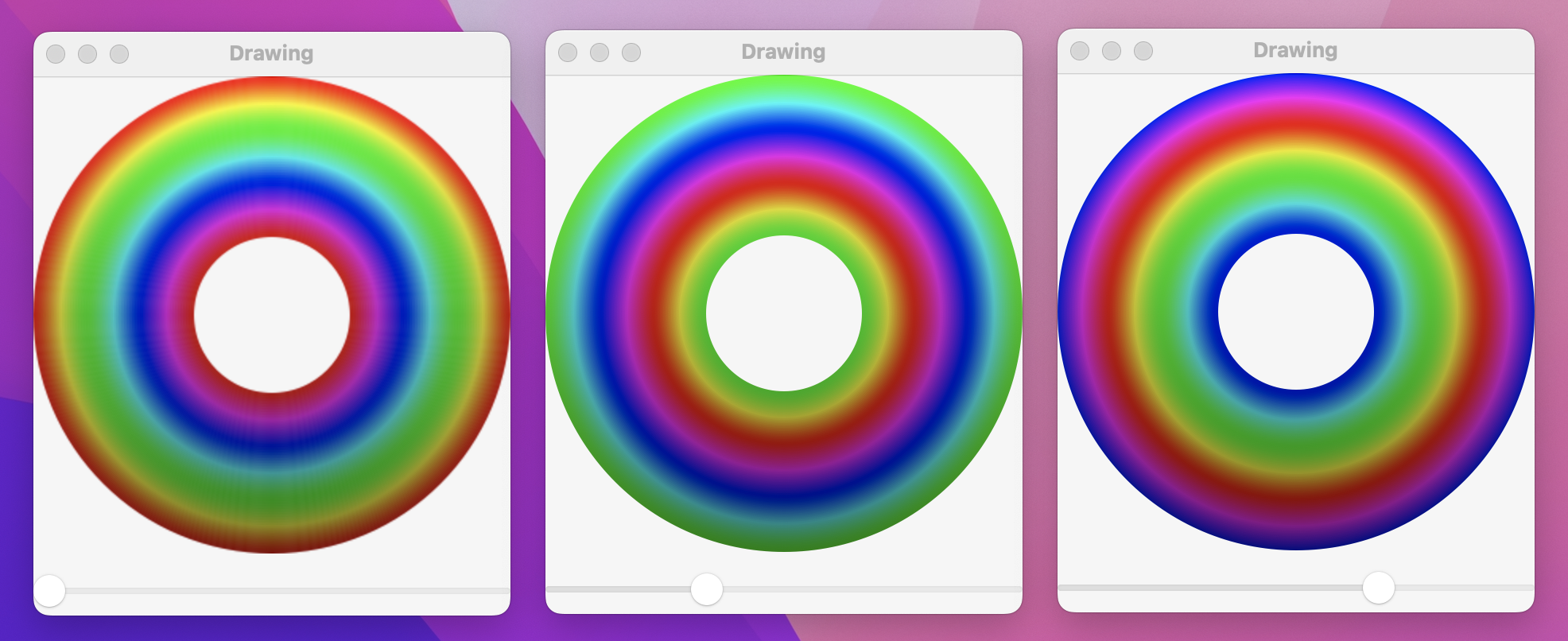 3 windows with colorful circles above sliders set to different settings. The circles have a radial rainbow gradient, and a vertical brightness gradient.