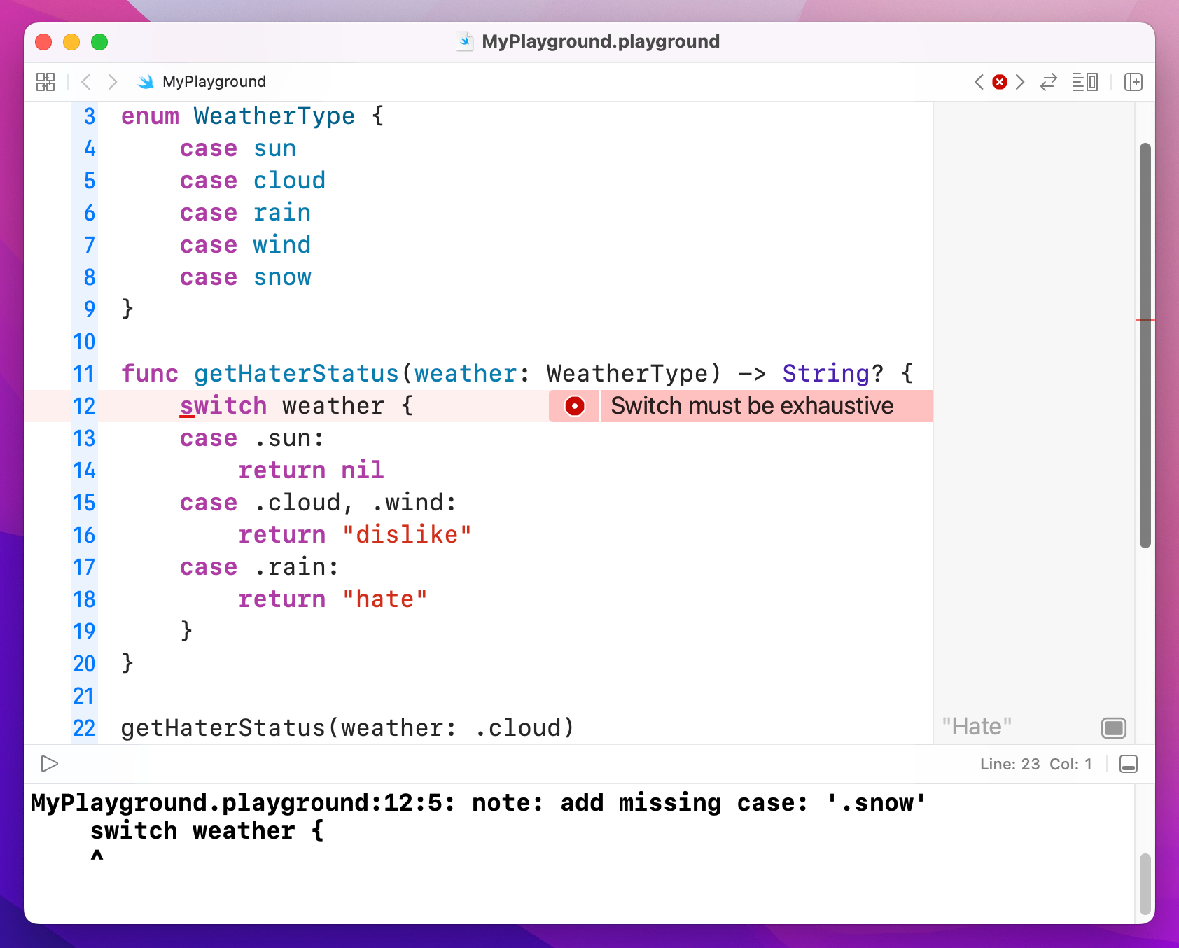 Xcode highlights a missing “WeatherType.snow” case.