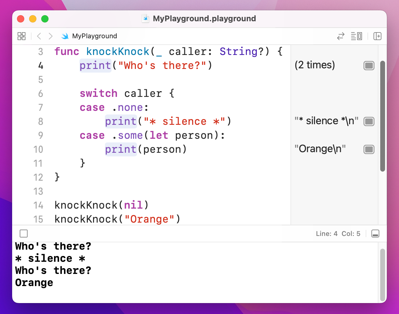 Using `switch` on an Optional String with `.some` and `.none` cases.