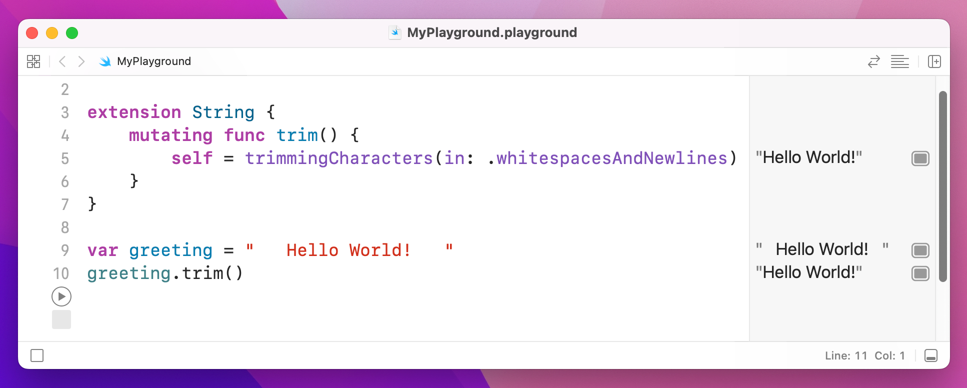 Using `trim` removes surrounding whitespace from a String.
