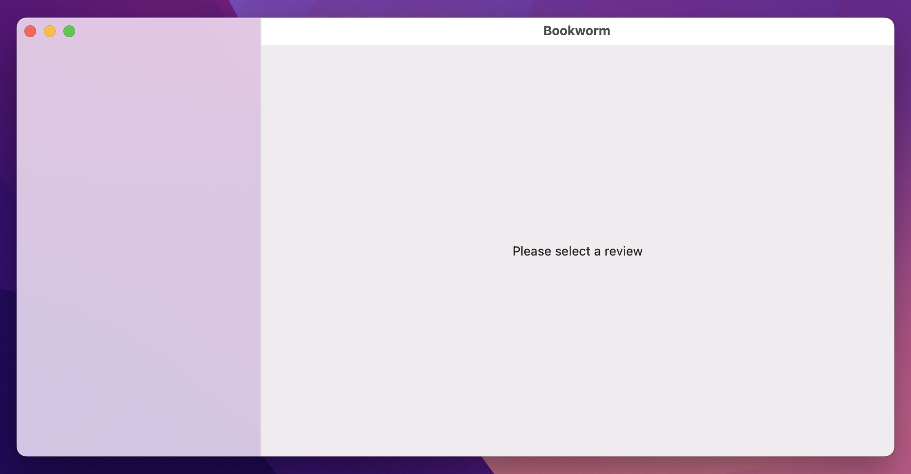 A 2 pane window. The right says 'Please select a review', and has a toolbar with 'Bookworm' centered.