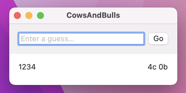 A cleared text field and a list with one entered guess.