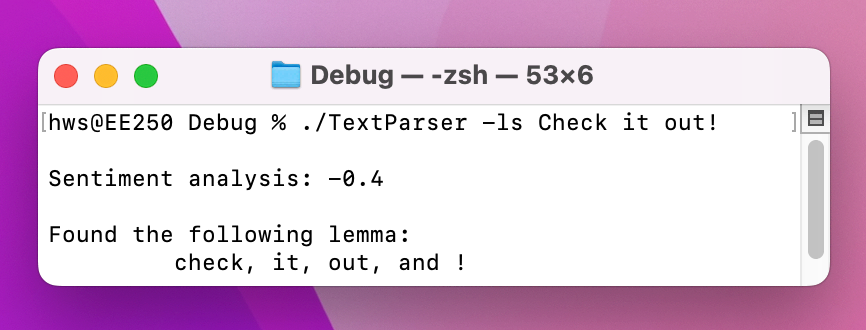 Using the short flag `-ls` gives us both lemmas and semantic analysis.