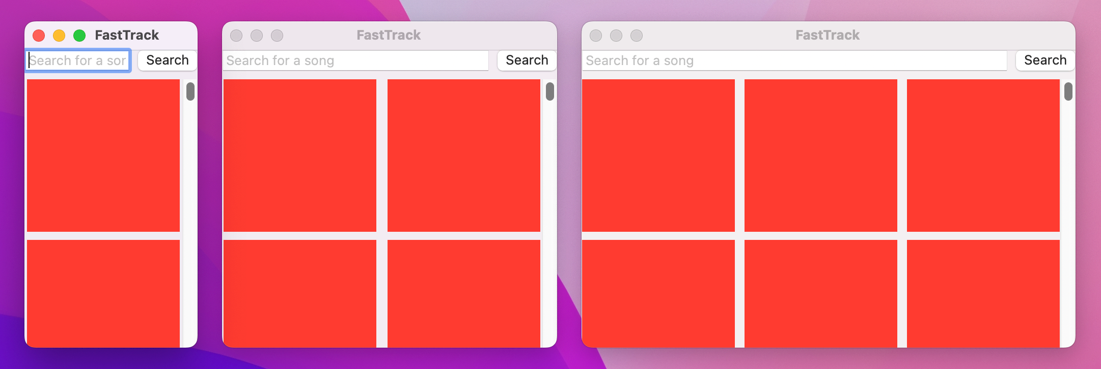 A window with a scrolling grid of red squares. As it expands, more columns are added.