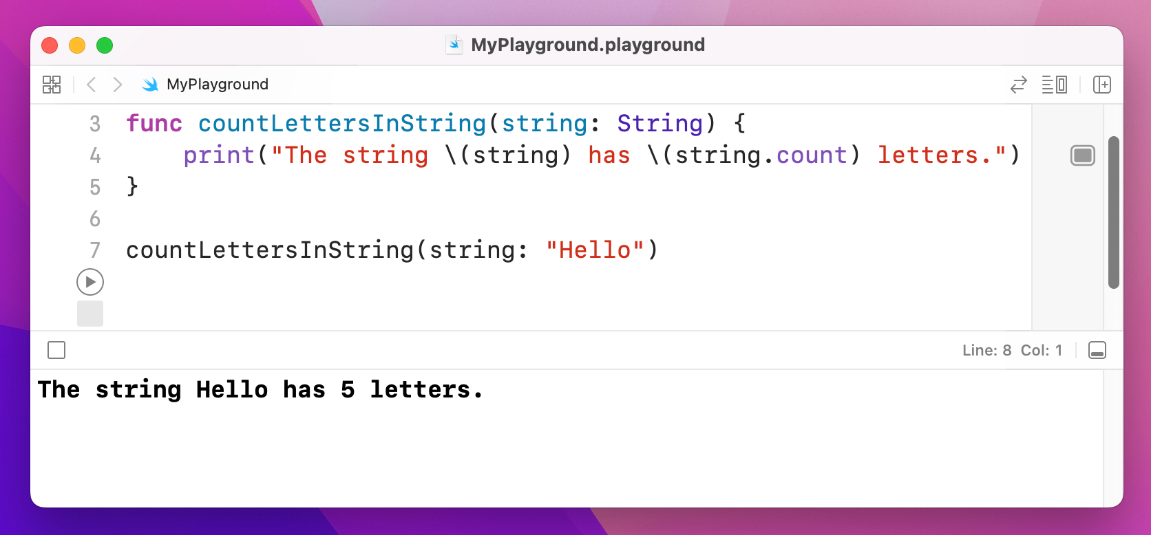 A function printing a string's character count.