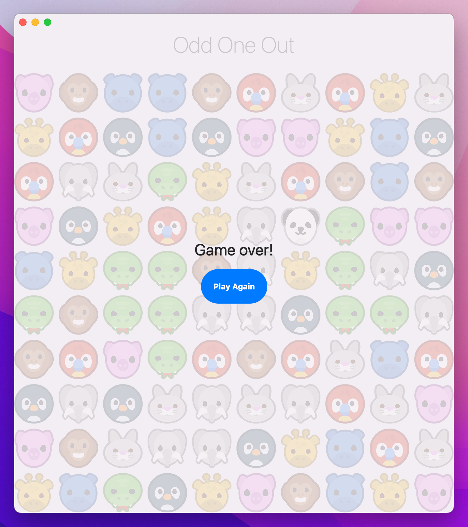 'Game Over' above a blue, capsule-shaped button reading 'Play Again'. Behind them is our translucent grid of animal images.