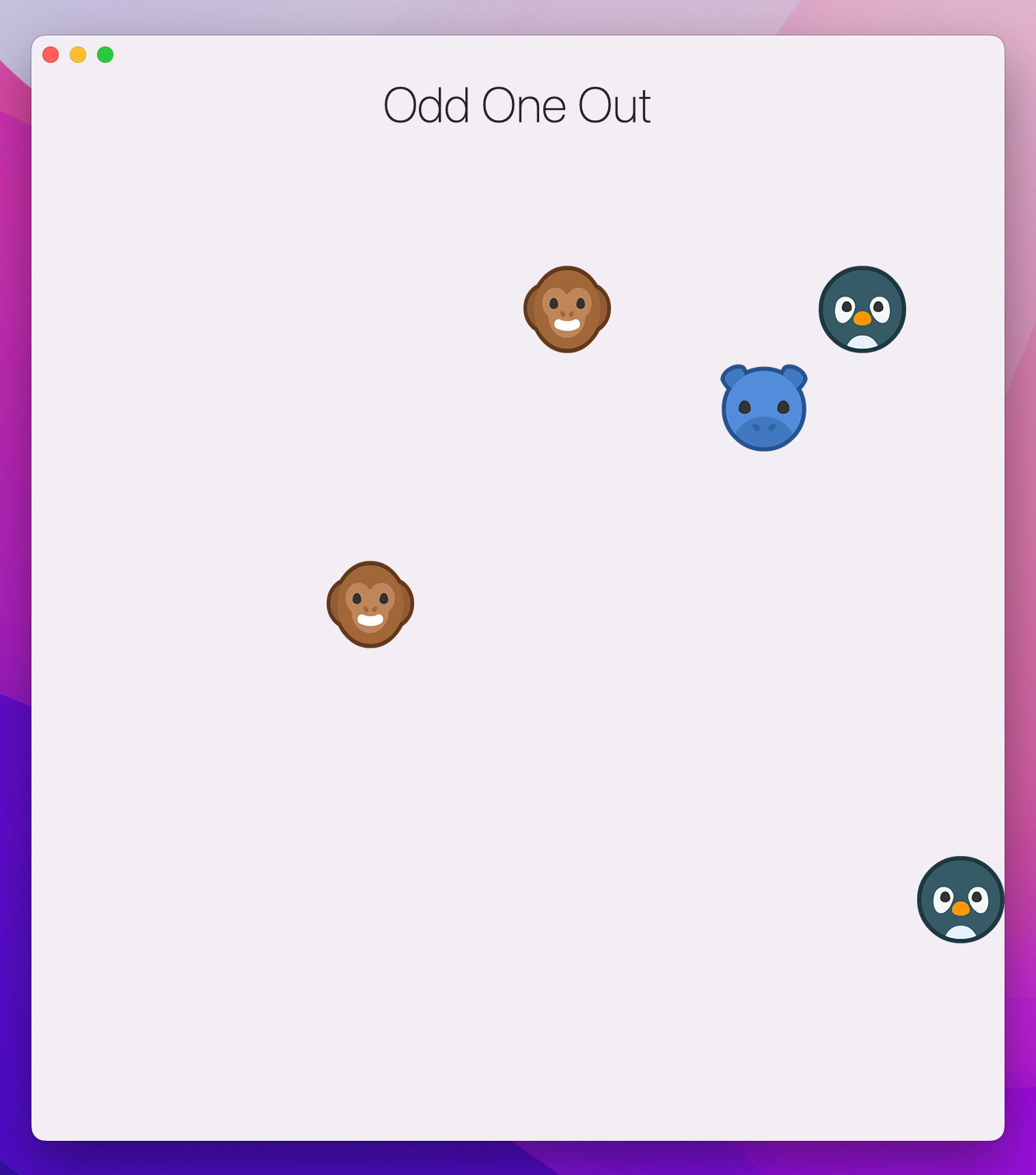 A window containing images of 2 penguins, 2 monkeys, and 1 hippo.