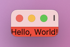 A tiny window containing 'Hello, World!' on a red background.