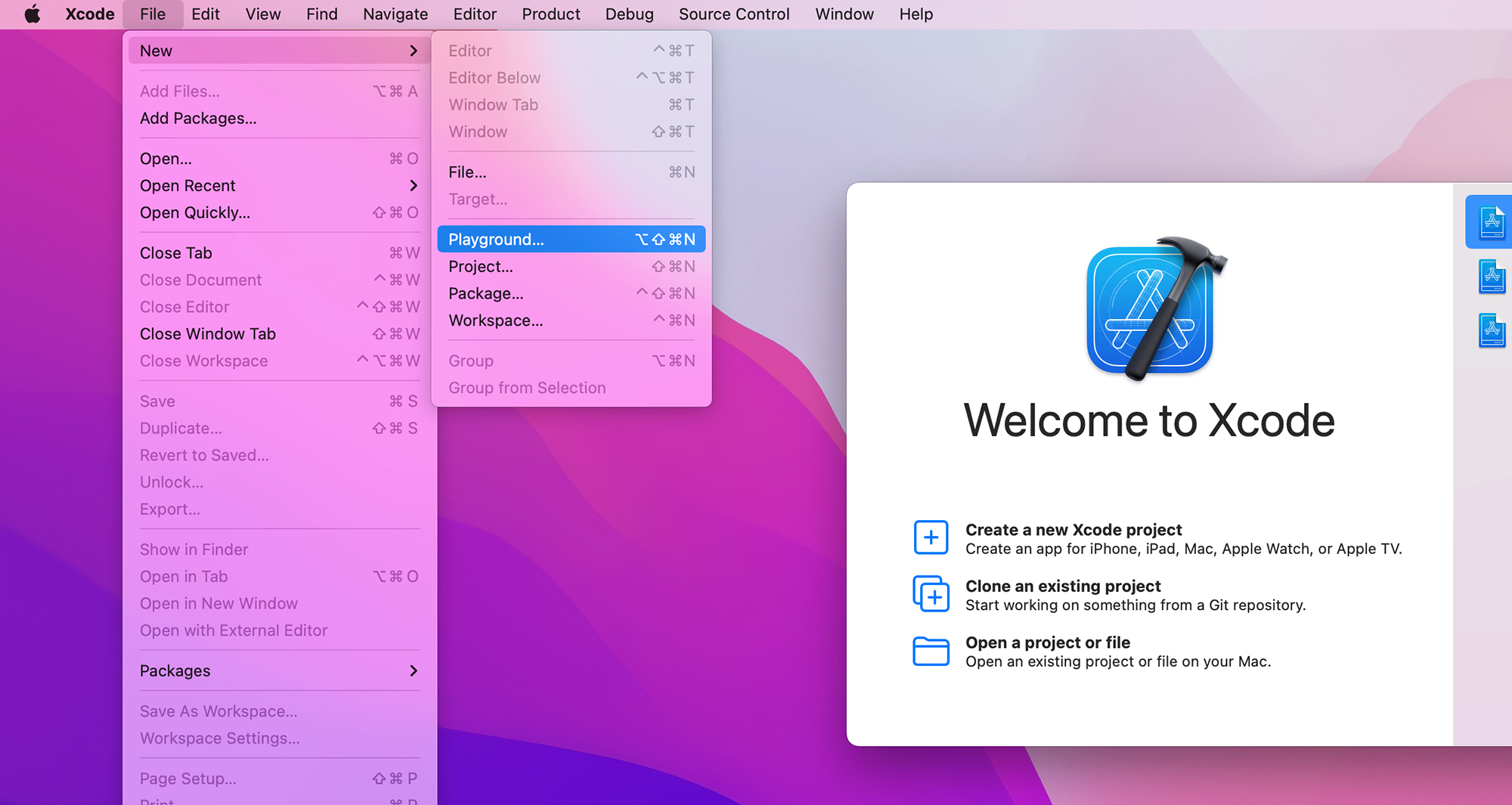 The Xcode menu bar showing File > New > Playground.