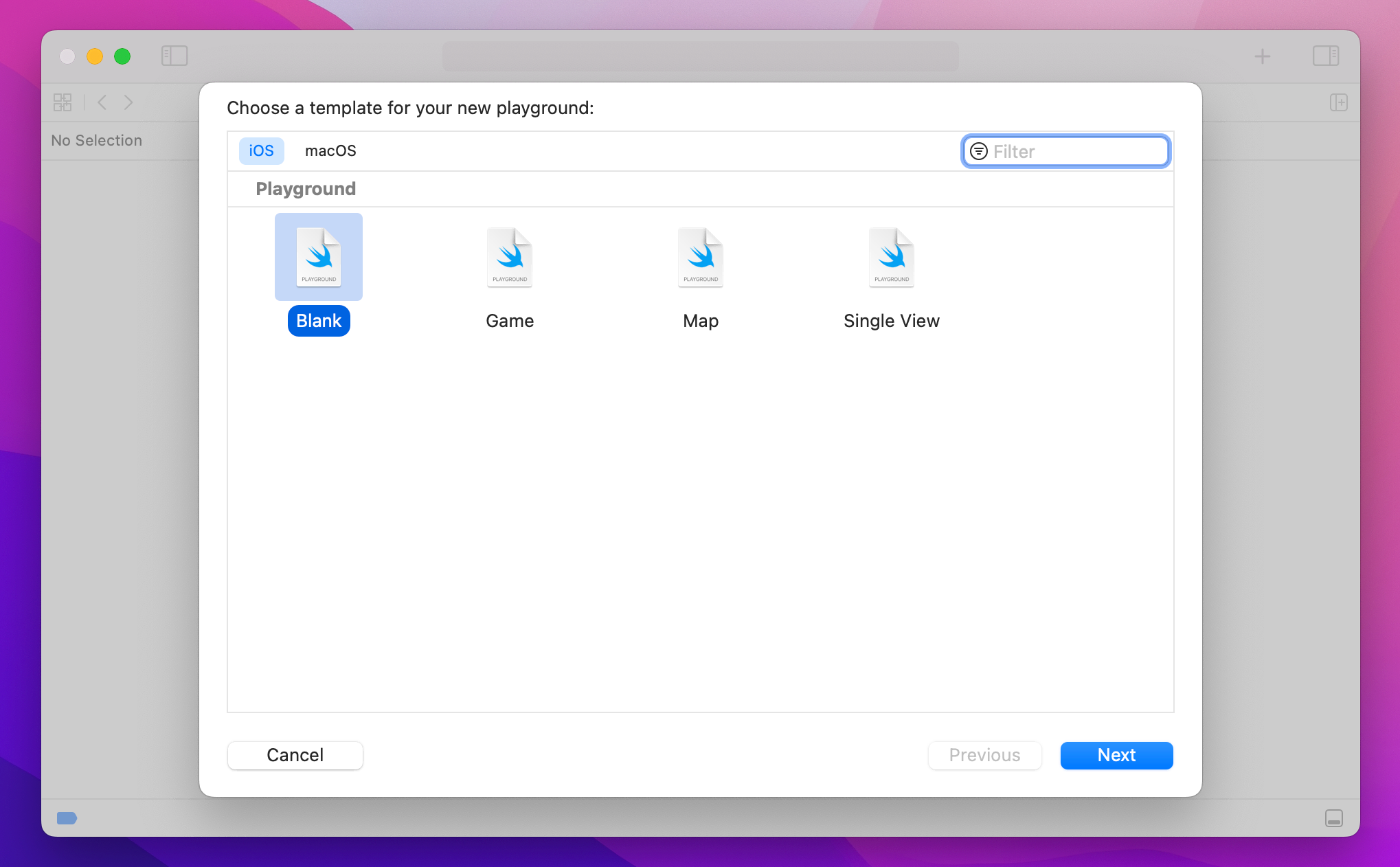 The Playground creation screen with “Blank” selected.