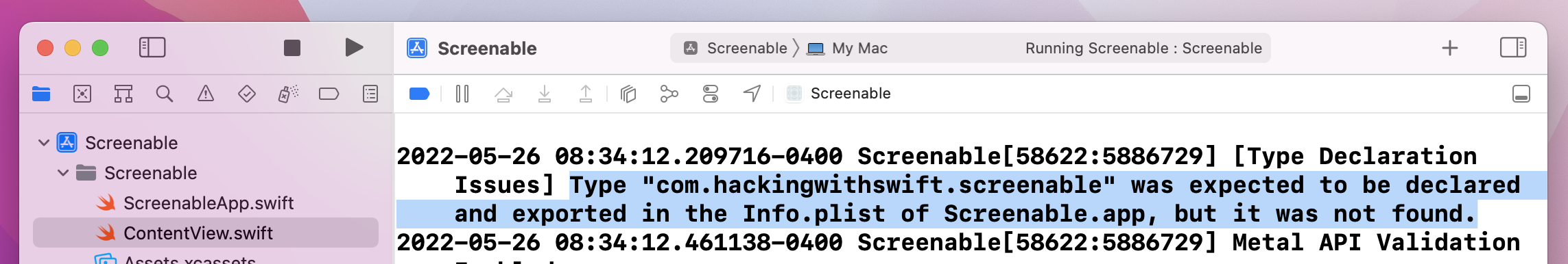 Xcode showing a 'Type expected...' error in the console.