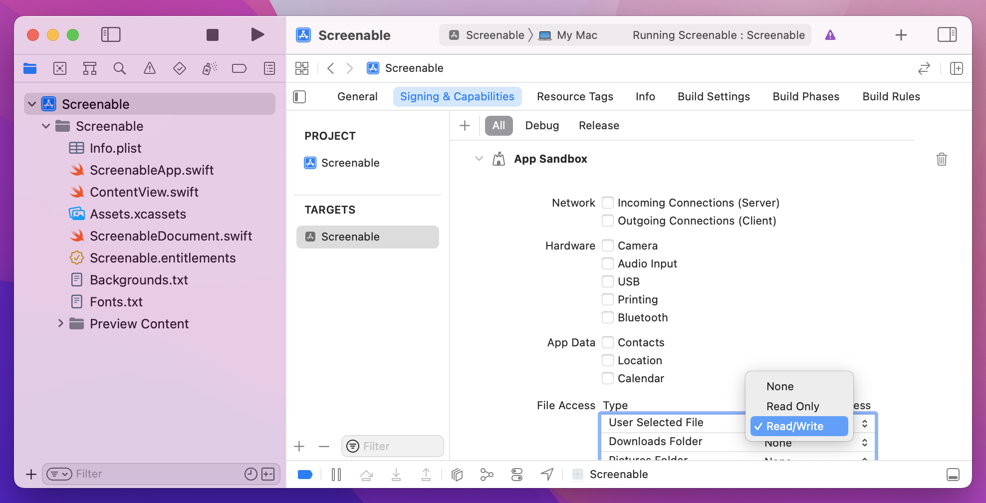 Under Screenable, Targets, Screenable, Signing and Capabilities, File Access, please change 'User Selected File' to 'Read/Write'.