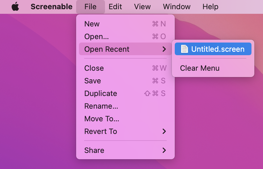Under the menu bar's File, Open Recent, we can select 'Untitled.screen'.