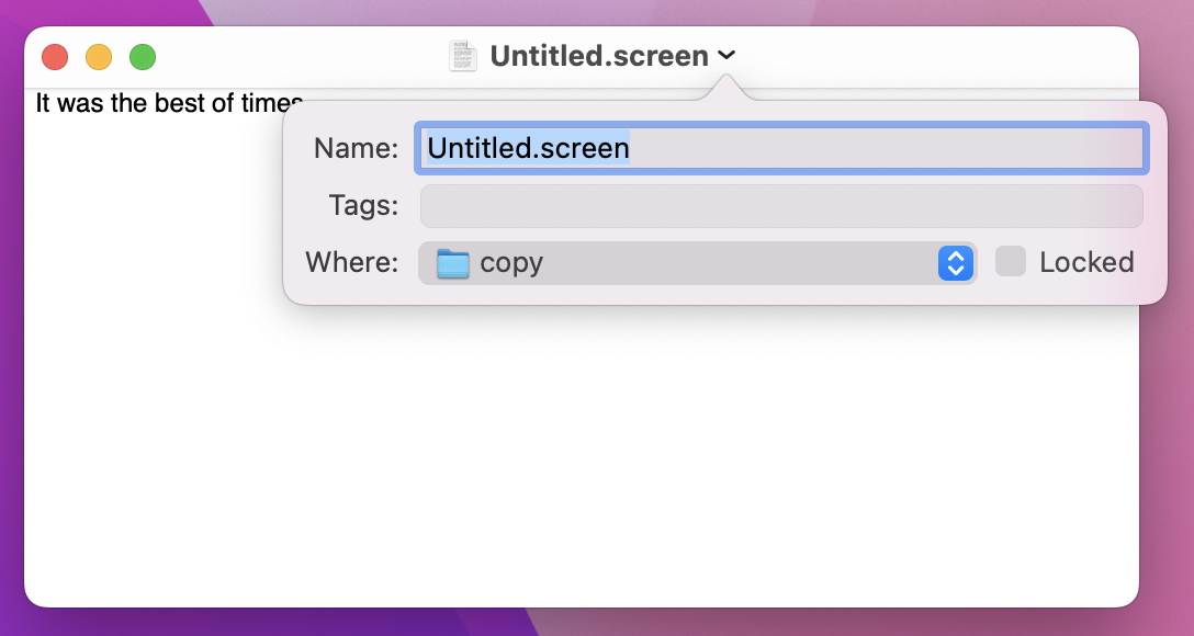 A document window, with a popover below the title bar, showing 'Name', 'Tags', and 'Where' fields, with a 'Locked' checkbox.