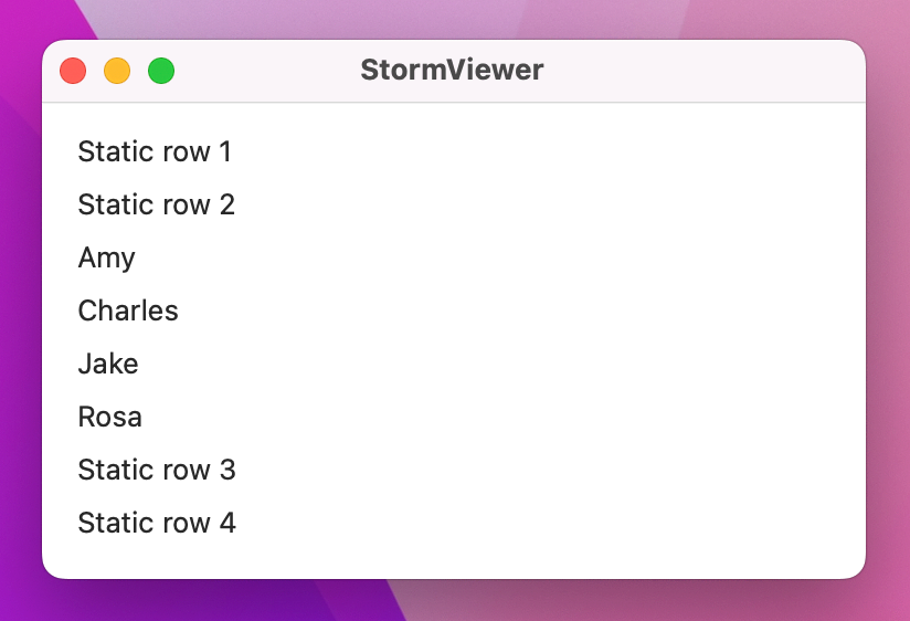 A list with some Static row X rows, and some names.