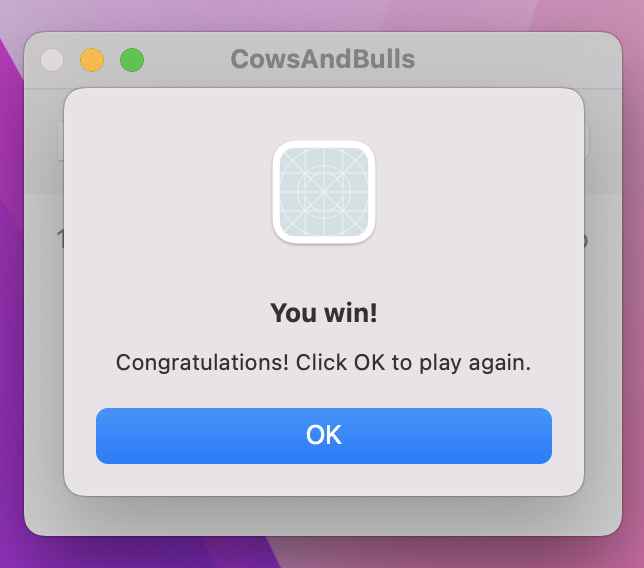 A notification entitled “You Win!”, with message “Congratulations! Click OK to play again.“ and an OK button.