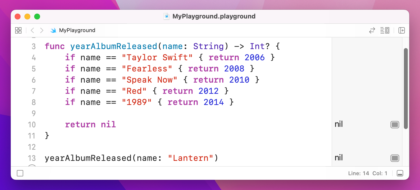 Calling the function with “Lantern” now returns nil.