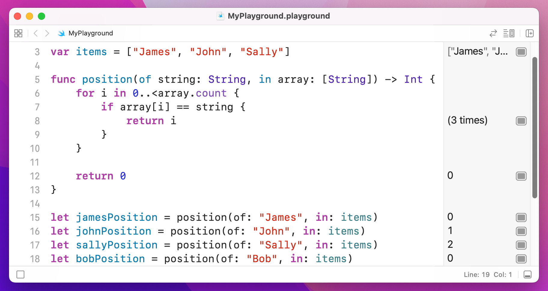 The positions of James, John, Sally, and Bob are 0, 1, 2, and 0 respectively.